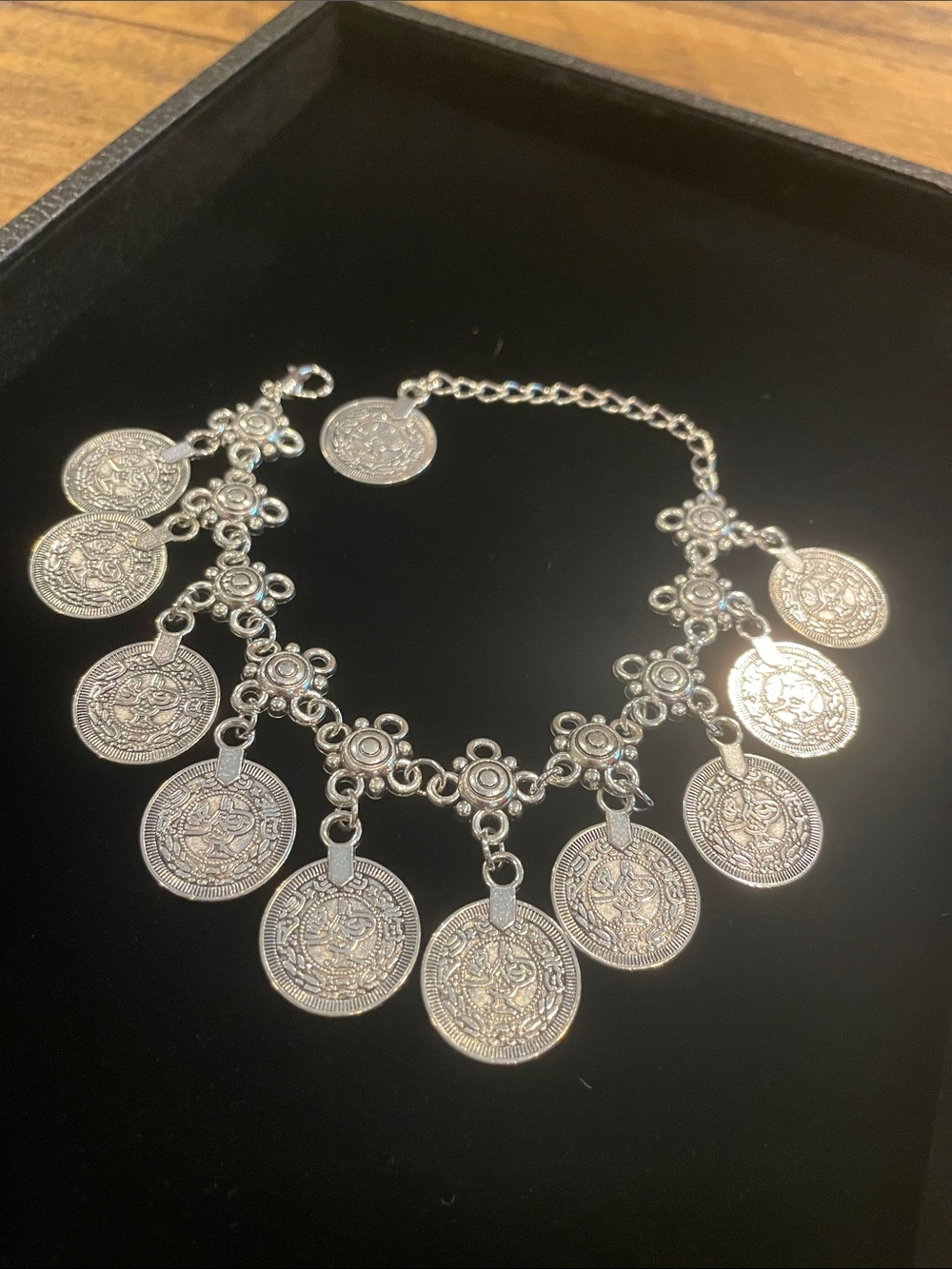 Silver-Tone Coin Charm Bracelet Necklace — Women Jewelry B45